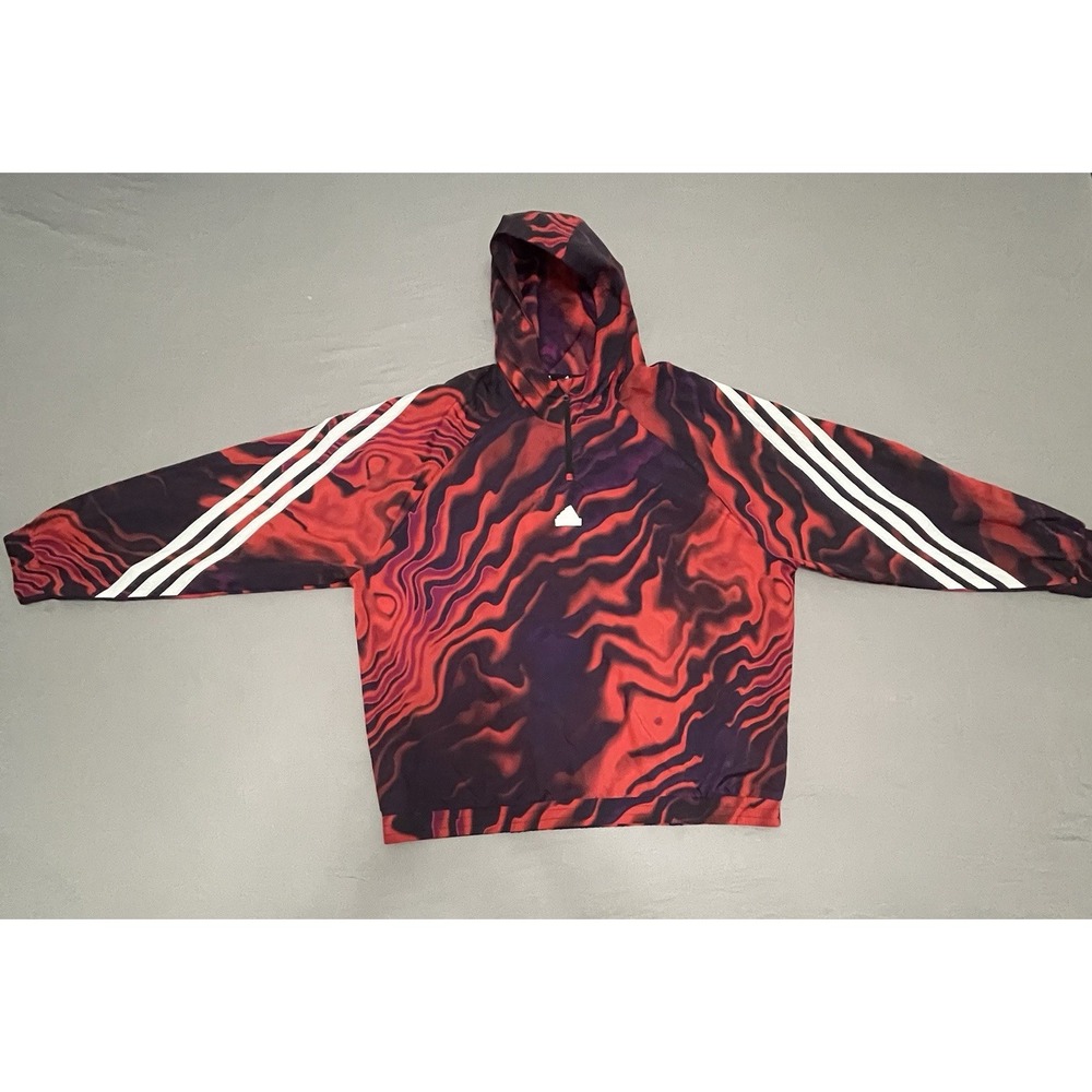 Adidas Mens Half-Zip Windbreaker Pullover Red Purple Wavy Print Hooded Jacket